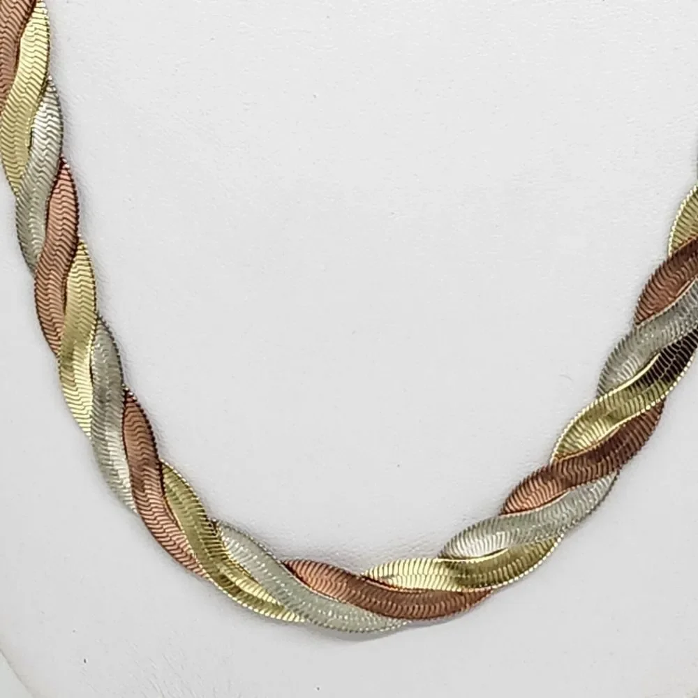Vintage Korea Three Tone Herring Bone‎ Chain Necklace